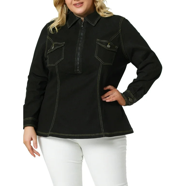 Women's Plus Size Washed Zip Up Denim Jacket with Pockets | Walmart (US)