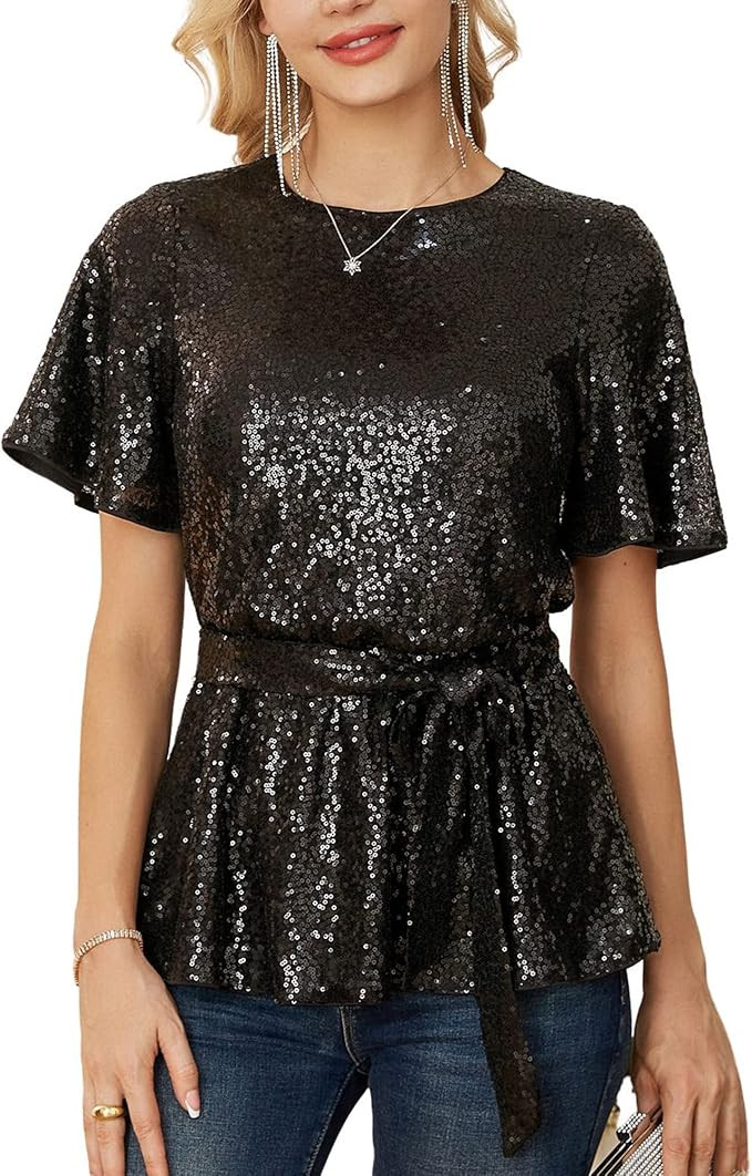 GRACE KARIN Women Sequined Party Tops Short Bell Sleeve Crew Neck Tie Elastic Waist Peplum Tops | Amazon (US)