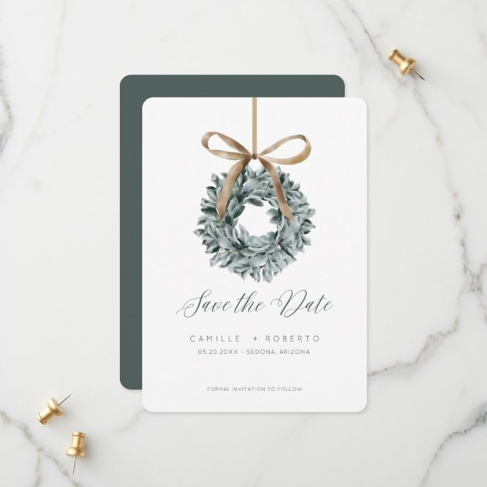 Watercolor Sage Green Lambs Ear Wreath & Bow Save The Date | Zazzle