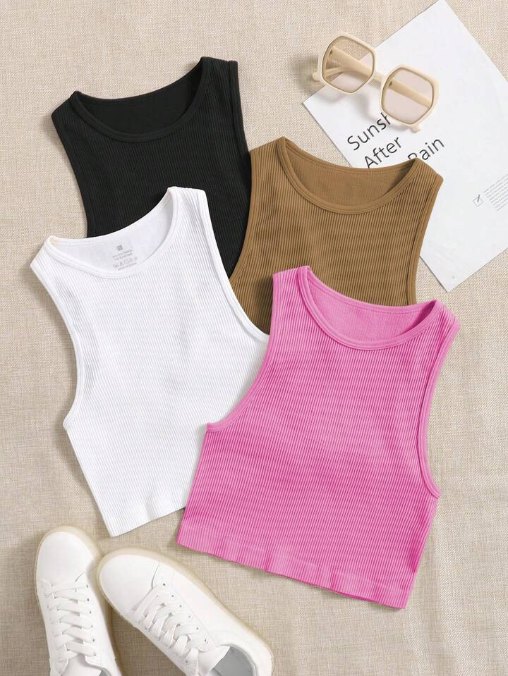 • Plain • Sleeveless • Rib-Knit | SHEIN