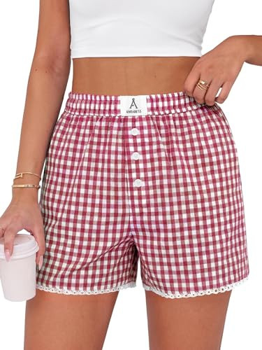 ANRABESS Boxer Shorts for Women 2026 Summer Pajama Gingham Pj Shorts Casual Lounge Sleep Plaid Y2K Beach Bottoms Outfits Red White Plaid X-Large | Amazon (US)