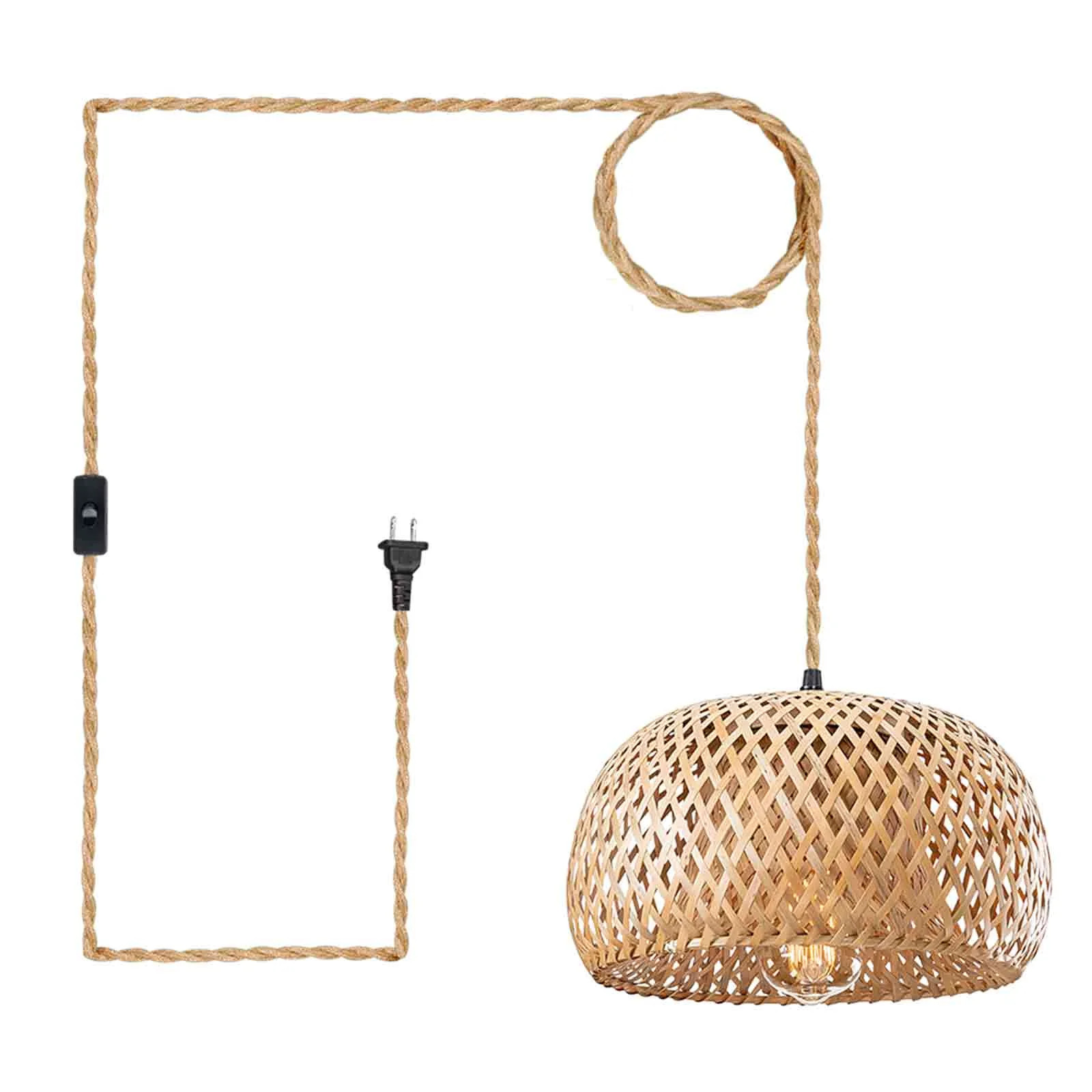 IC Farmhouse Plug in Pendant Light Fixture, E26 Bamboo Lampshade Rattan Round Cage Hanging Ceilin... | Walmart (US)