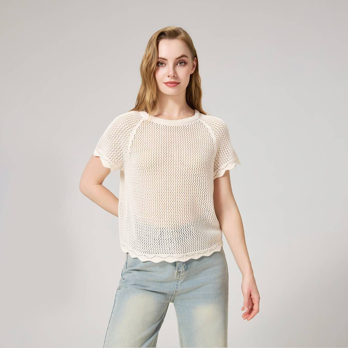 Women's Short Sleeve Texture Stitch Crewneck Sweater - Universal Thread™ Cream M | Target