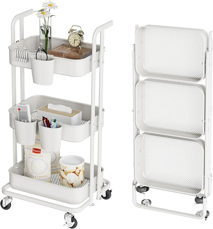 DTK 3 Tier Foldable Rolling Cart, Metal Utility Cart with Lockable Wheels, Folding Storage Trolle... | Amazon (US)