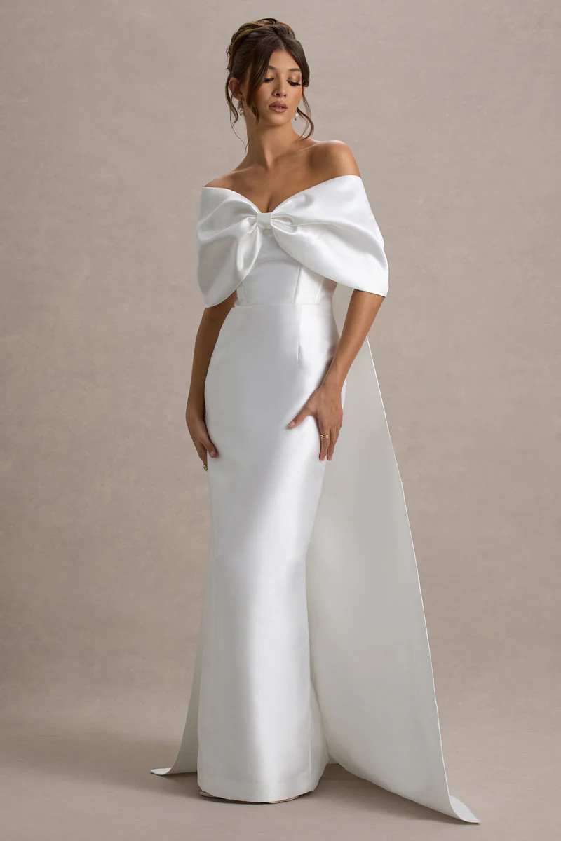 Wanting More  Off White Satin Cape Maxi Dress With Oversized Bow | Club L London