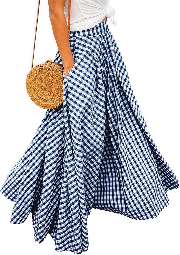 Women's High Waisted Flowy A-Line Maxi Long Skirt Vintage Gingham Ruffled Pleated Casual Skirts O... | Amazon (US)