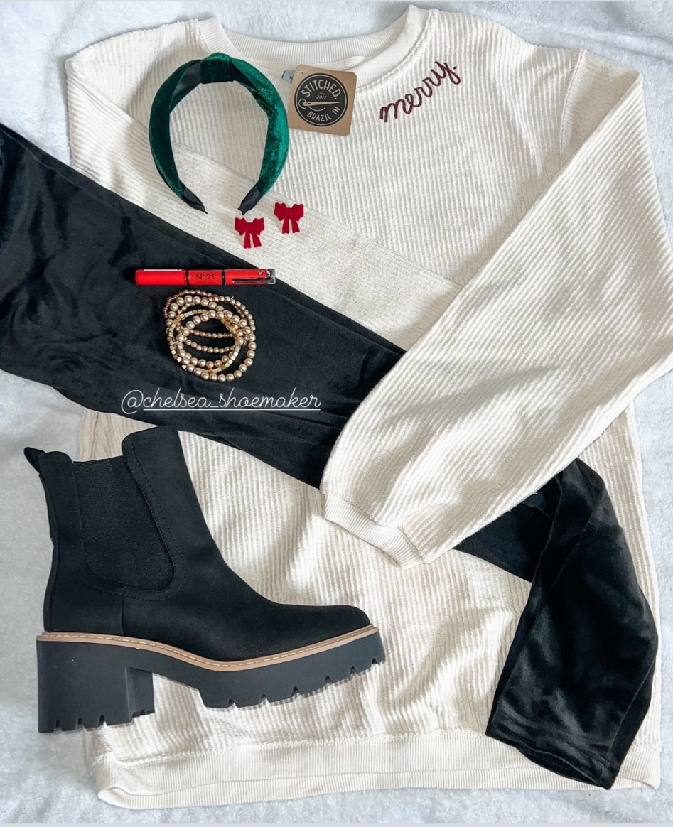 These Velvet leggings are cute and comfortable!  (This Merry shirt is from a local favorite Stitched. ) #LTKseasonal #velvet #velvetleggings 

#LTKstyletip #LTKshoecrush #LTKHoliday