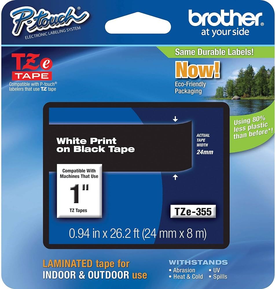 Brother Genuine P-Touch TZE-355 Tape, 1" (0.94") Wide Standard Laminated Tape, White on Black, La... | Amazon (US)