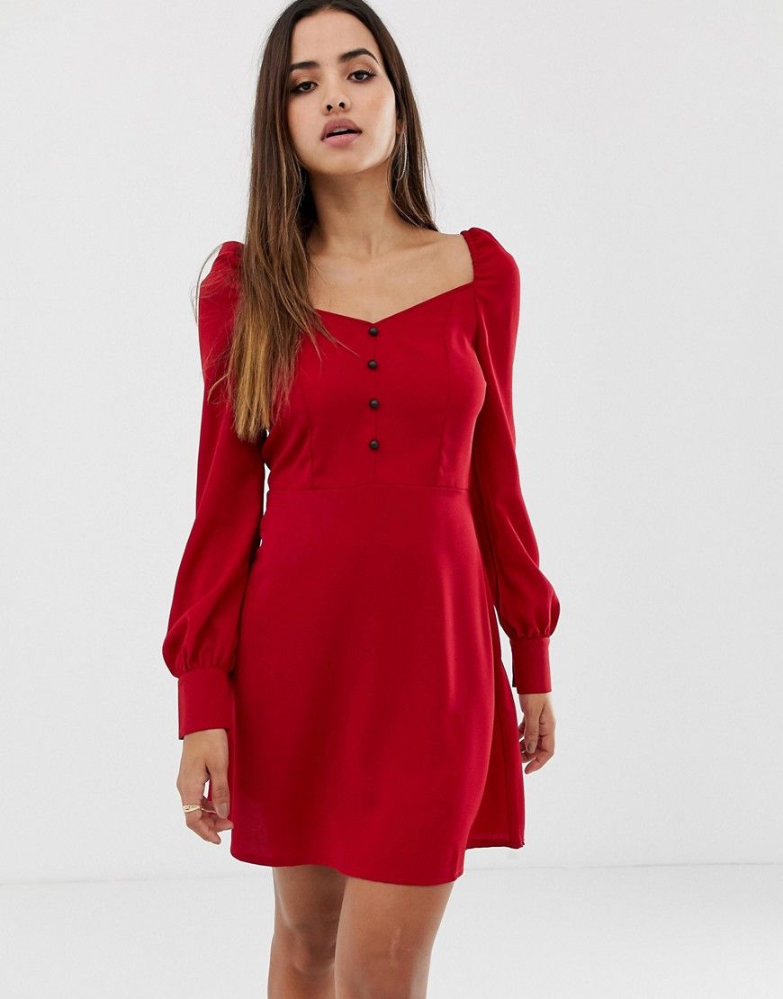 PrettyLittleThing sweetheart neckline balloon sleeve skater mini dress in red - Red | ASOS US