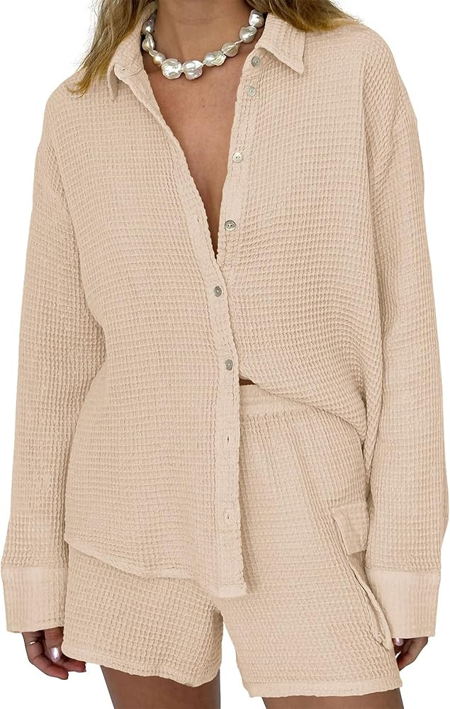 BTFBM Women 2 Piece Lounge Sets Button Down Shirt And Elastic Waist Shorts Casual Waffle Knit Fal... | Amazon (US)