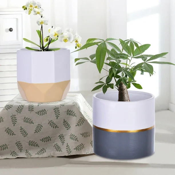 2PC White Ceramic Flower Pot Garden Planters Indoor Plant Containers - Walmart.com | Walmart (US)