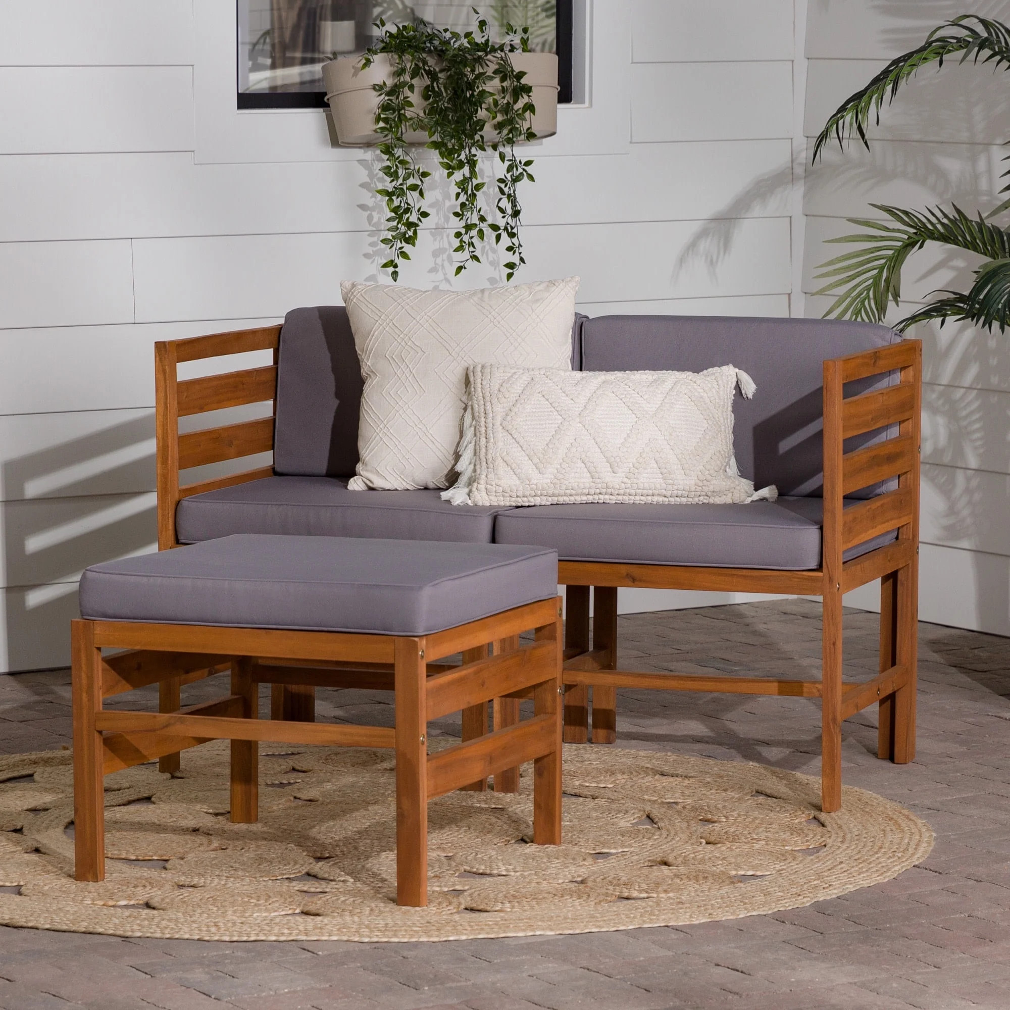 Modular Outdoor Brown and Grey Acacia L/R Chairs + Ottoman by Walker Edison | Walmart (US)