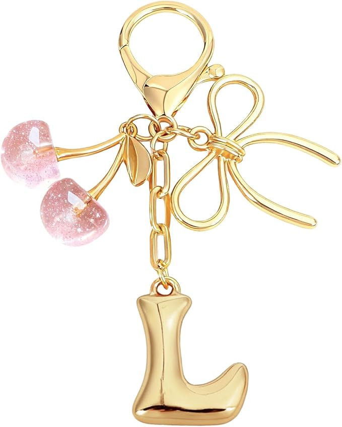 Snycler Bubble Initial Keychain with Bow & Cherry - Gold Letter Bag Charms for Women, Cute Purse ... | Amazon (US)