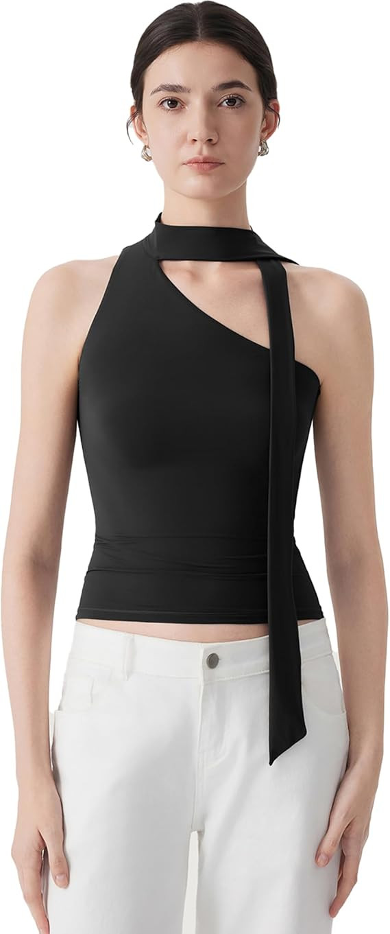 SUUKSESS Women Halter High Neck Tank Tops Off Shoulder Double Lined Going Out Shirts with Scarf | Amazon (US)