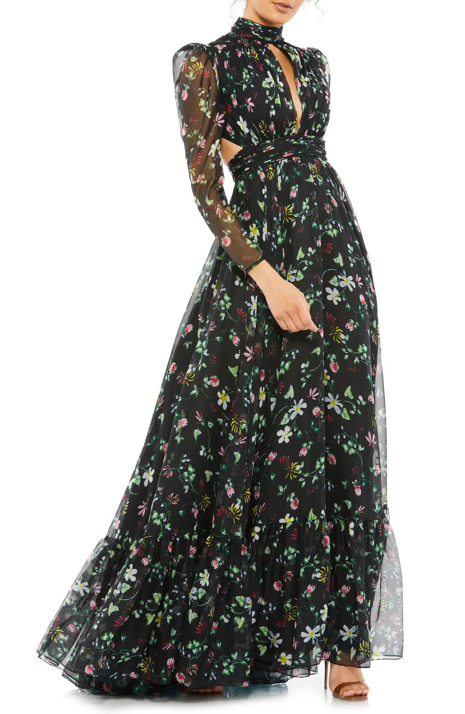 Mac Duggal Floral Chiffon Cutout Long Sleeve Gown | Nordstrom | Nordstrom