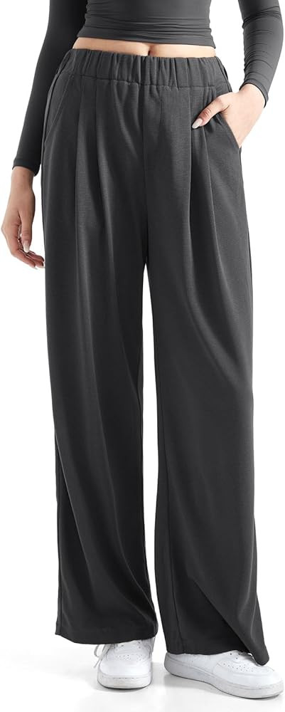 SUUKSESS Women Wide Leg Pants Elastic High Waisted Work Pants Flowy Palazzo Pants | Amazon (US)