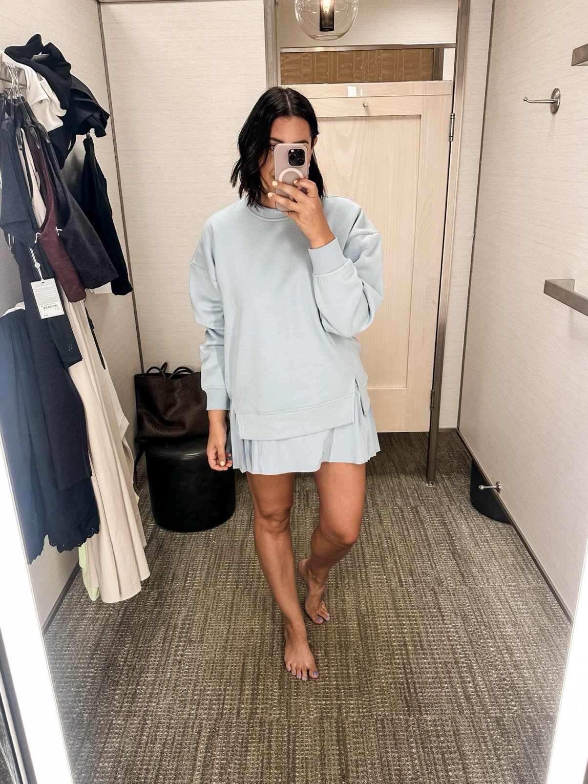 This sweatshirt is a nice length, it’s super soft inside but also pretty warm. I am in the medium, fit is loose like a tunic and oversized in the best way. Not too oversized, it still fits at the shoulders. Comes in a few colors but this powder blue is really nice.

The skirt was just meh for me. I am in the medium but it felt tight / short. I would suggest a size up for waist / length. It was well constructed, I just didn’t think it did much for me. But it is a nice piece, just not for me!

#LTKFindsUnder100 #LTKActive #LTKOver40