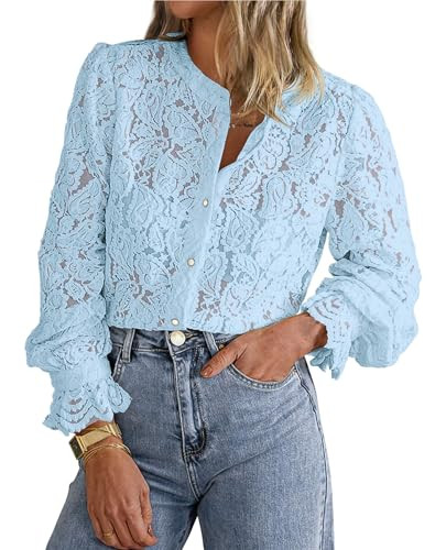 PRETTYGARDEN Women's Dressy Casual Lace Blouse Long Sleeve Button Up Shirts Tops Spring Fall Fash... | Amazon (US)