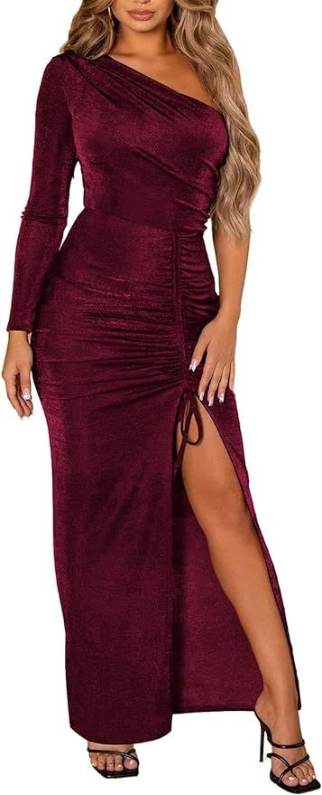 PRETTYGARDEN Women's One Shoulder Long Sleeve Velvet Dress Ruched Bodycon Drawstring Split Maxi D... | Amazon (US)