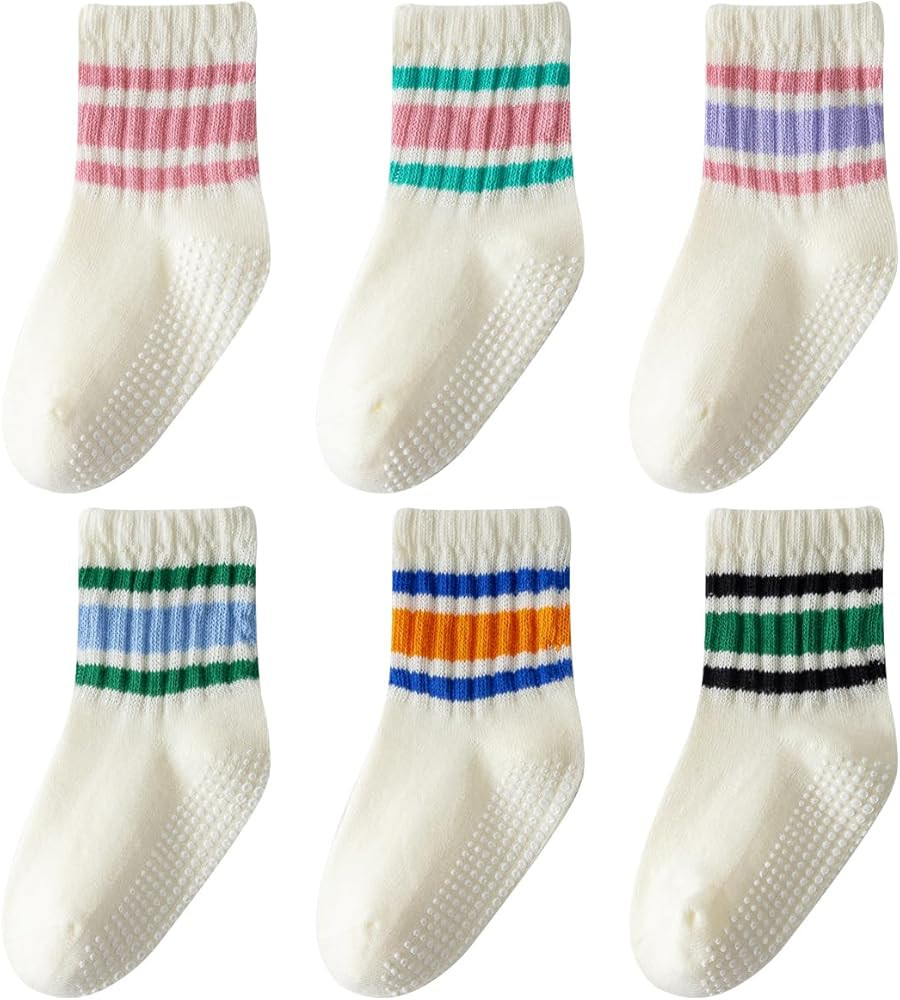 Toddler Grip Socks with Non-Slip, Unisex Baby Retro Stripe Seamless Crew Ankle Cotton Socks for G... | Amazon (US)