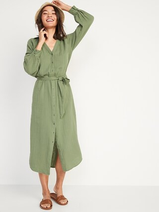 Long-Sleeve Waist-Defined Midi Dress for Women | Old Navy (US)