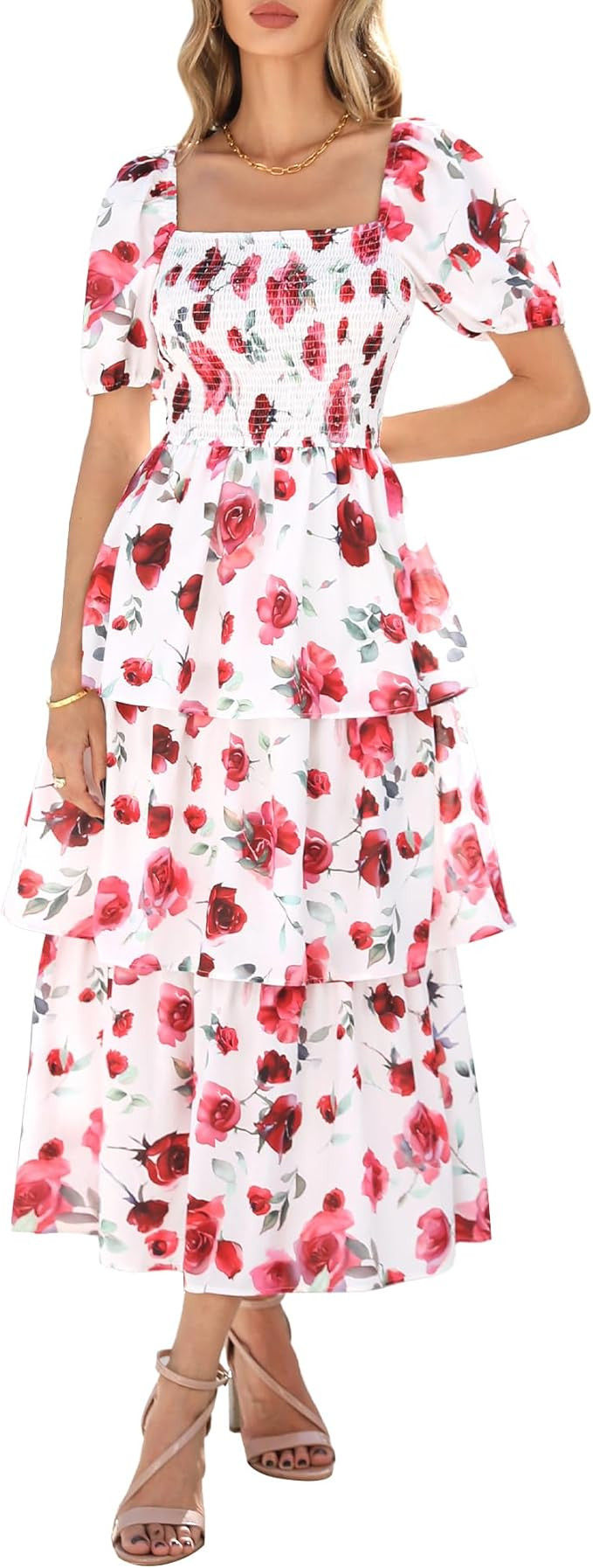 BTFBM Womens Square Neck Smocked Dress Summer Puff Short Sleeve Floral Casual Ruffle Tiered Maxi ... | Amazon (US)