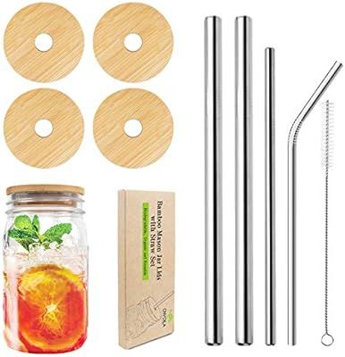 Mason Jar Lids with Straw Hole, ECO Reusable Bamboo Mason Jar Lids for Regular Mouth Mason Jar wi... | Amazon (US)