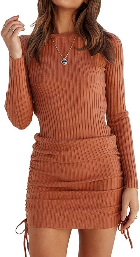 OWIN Women's Long Sleeve Ribbed Knit Casual Bodycon Mini Dress Ruched Drawstring Fall Pullover Sw... | Amazon (US)