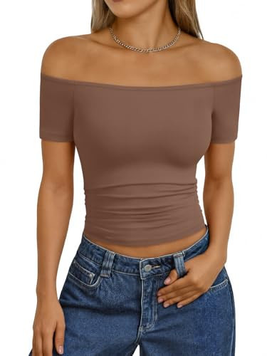 Trendy Queen Summer Off The Shoulder Tops for Women Going Out Short Sleeve Shirts Cute Y2K Sexy Basic Clothes 2026 Fashion Coffee L | Amazon (US)