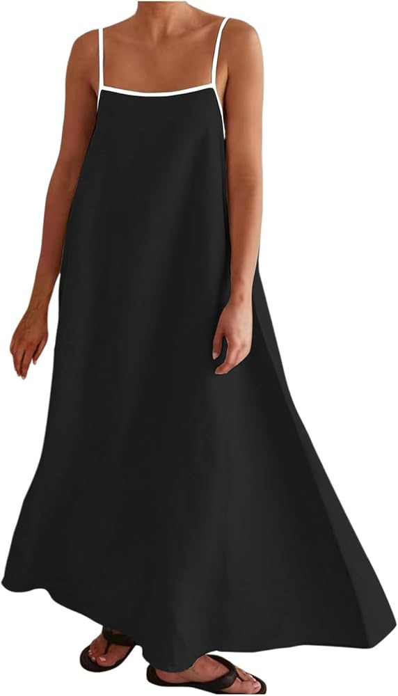 Womens Linen Maxi Dress Contrast Trim Spaghetti Straps Summer Outfits Sleeveless Long Dresses Tra... | Amazon (US)