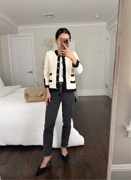 business casual outfit inspo // Chanel inspired jacket + dark jeans + slingback heels 

•Express sweater jacket xs. Linked a similar one that’s a little less!
•Madewell jeans 23 petite. I go down 1 size.
•Madewell cropped tee xxs
•H&M slingbacks - mine are from a prior season, but I’ve linked their current styles, so chic!
•Polene bag 

#petite smart casual work outfit with jeans 

#LTKworkwear #LTKstyletip #LTKSeasonal