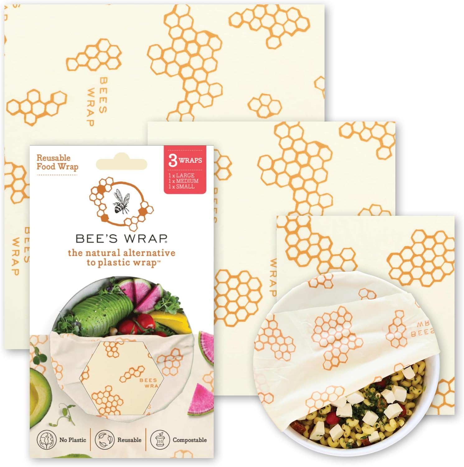 Bee's Wrap Beeswax Food Wraps, 3 Pack Assorted - Honeycomb | Amazon (US)
