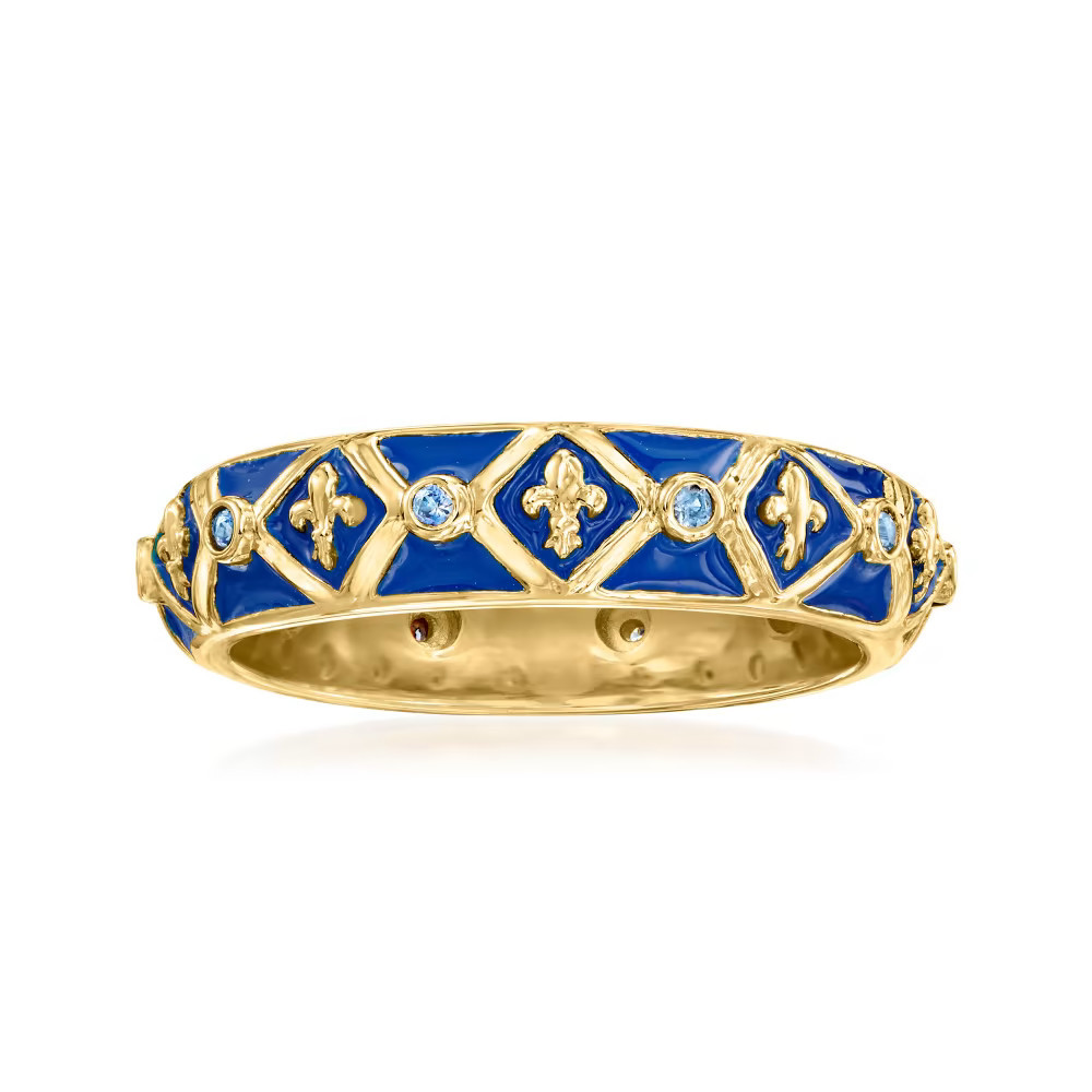 .10 ct. t.w. Sapphire and Blue Enamel Fleur-De-Lis Ring in 18kt Gold Over Sterling | Ross-Simons
