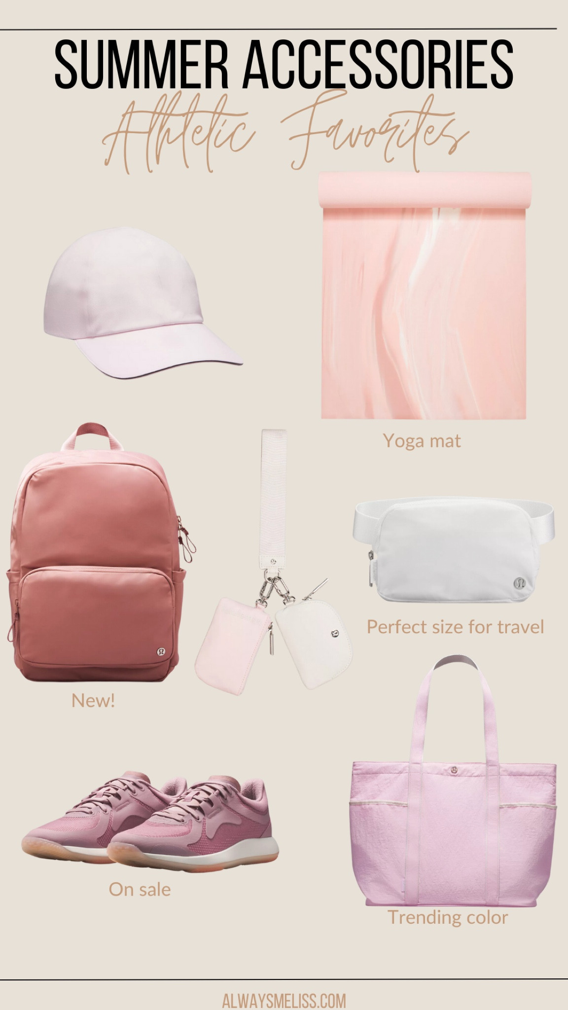 Lululemon has so many great accessories for this summer. Love the pink yoga mat, also available in other colors. Backpack is great for on the go! Love the light pink hat. Tote color is perfect for summer!

Lululemon 
Women’s Bag
Athletic Bag

#LTKShoeCrush #LTKFitness #LTKActive