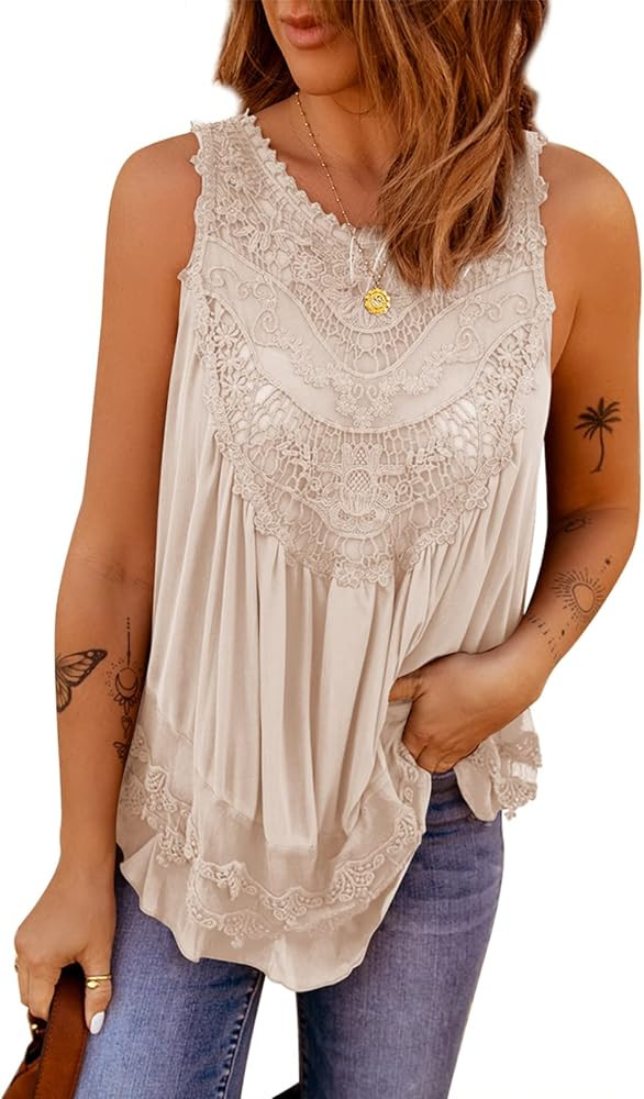 Diukia Womens Flowy Lace Stitching Button Back Tank Tops Summer Casual Crewneck Sleeveless Shirt Blo | Amazon (US)