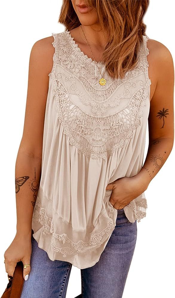 Diukia Womens Flowy Lace Stitching Button Back Tank Tops Summer Casual Crewneck Sleeveless Shirt Blo | Amazon (US)