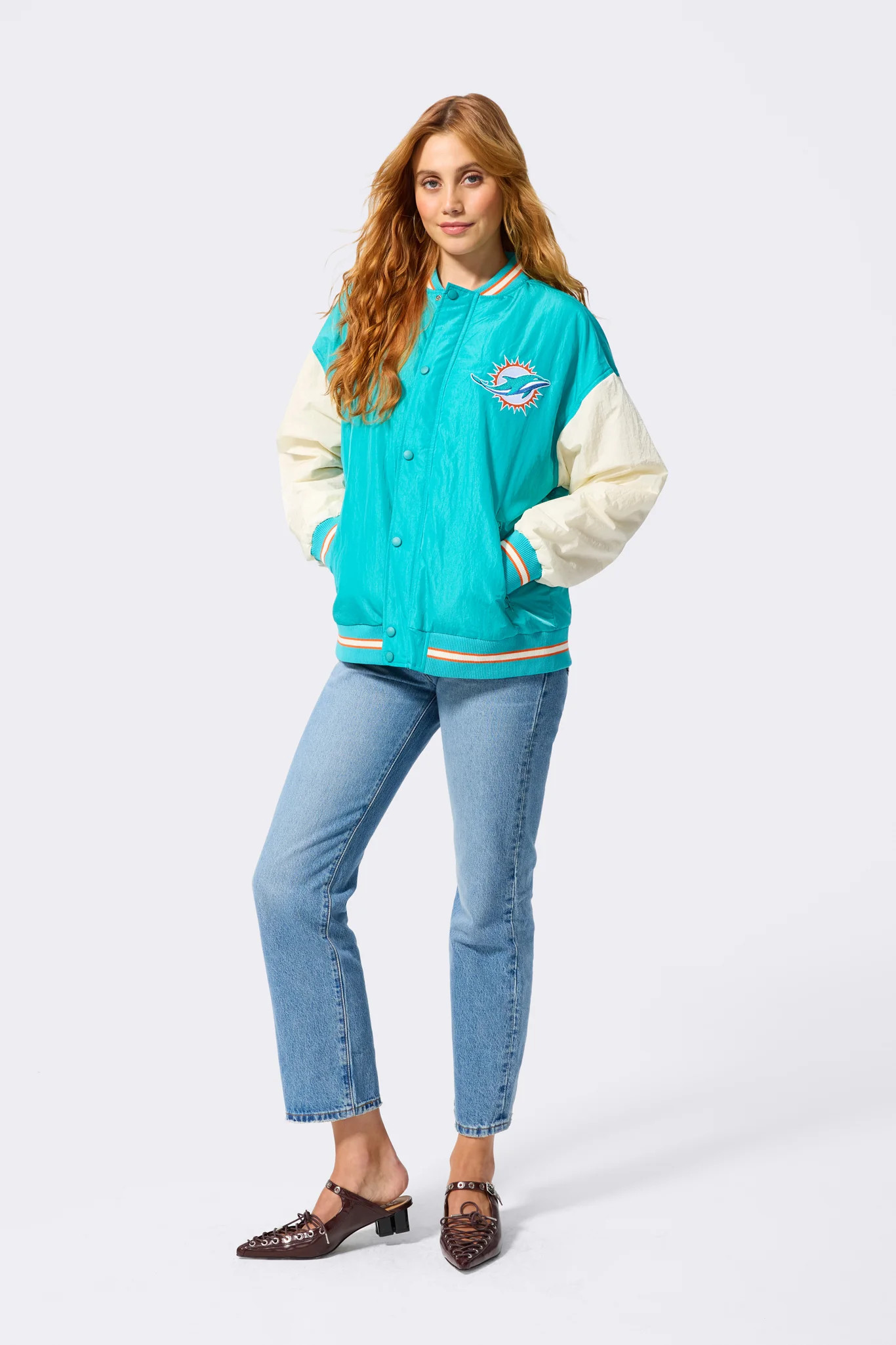Dolphins Bomber Jacket in Aqua and Sugar Swizzle | Terez
