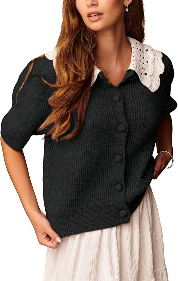 Yiader Women's Casual Short Sleeve Cardigan Crewneck Crochet Collar Button Down Sweater Knit Outw... | Amazon (US)