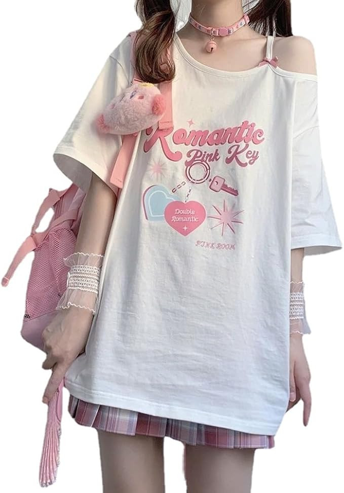 Women Kawaii Off Shoulder T-Shirt Harajuku Sweet Girl White Tops Y2k Aesthetic Cute Graphic Tees ... | Amazon (US)