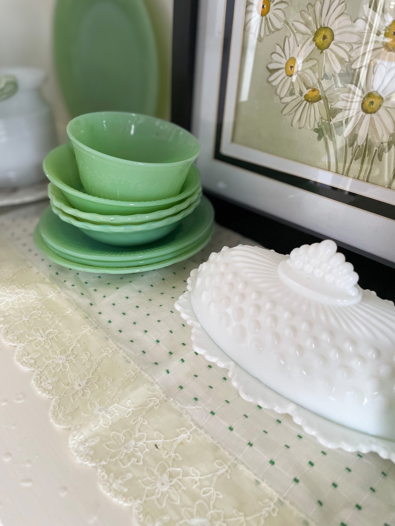 I’ve pulled out all my pretty vintage decor for spring!
Timeless and oh so beautiful for the new season, jadeite and milk glass make quite the pairing!

#LTKHome #LTKSeasonal