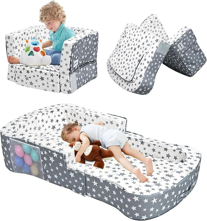 Toddler Travel Bed, Portable Toddler Bed & Chair 2-in-1 – Convertible Travel Crib with Storage ... | Amazon (US)