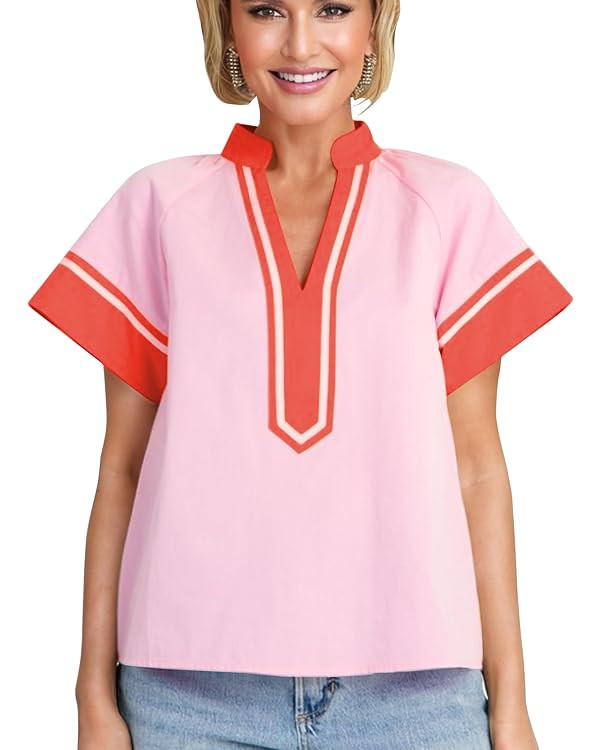 HangNiFang Womens Summer Color Block Shirt Blouse V Neck Short Sleeve Cotton Boho Tunic Tops | Amazon (US)
