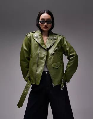 Topshop faux leather oversized biker jacket in green | ASOS | ASOS (Global)