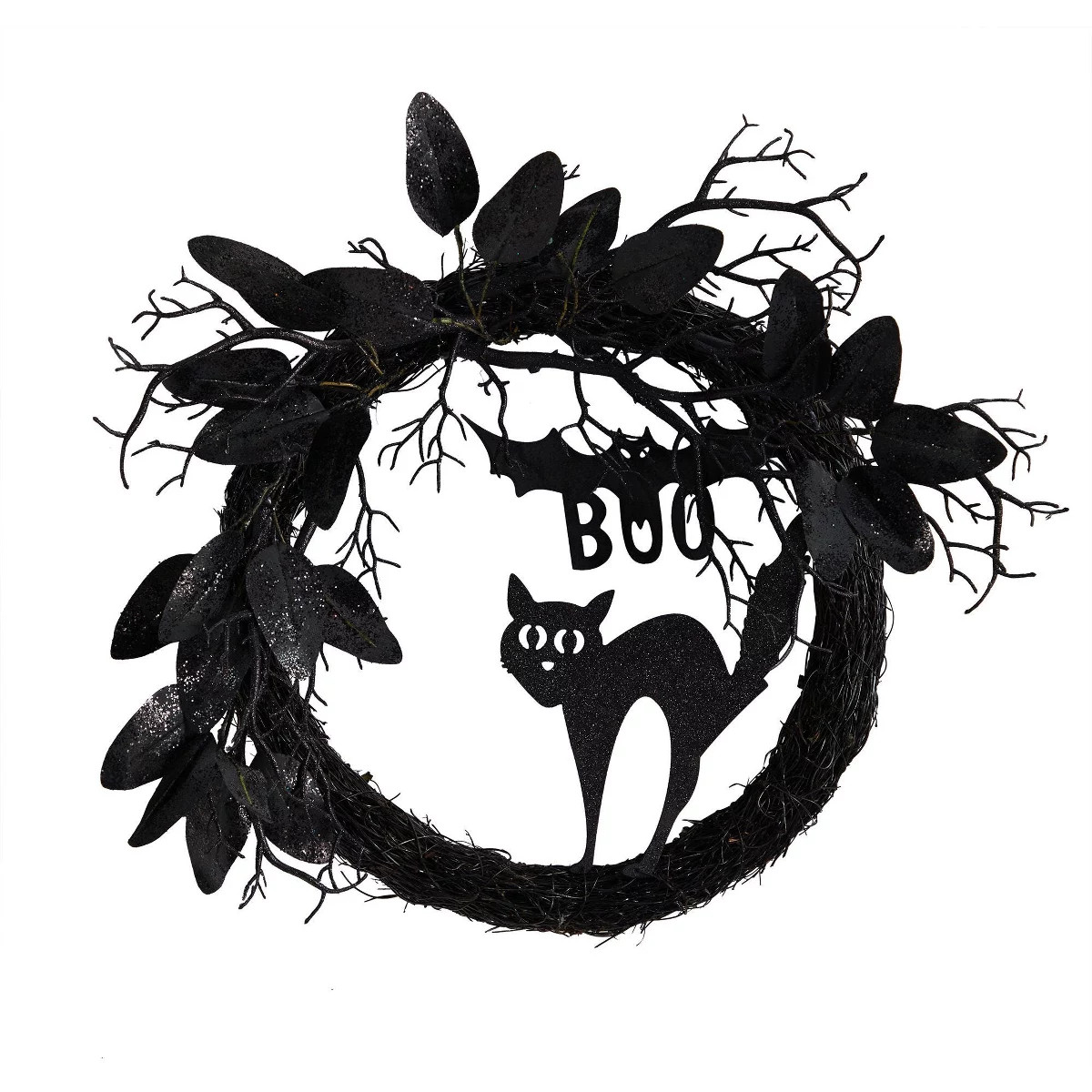 Nearly Natural 22” Halloween Black Cat and Bat Boo Twig Wreath | Target