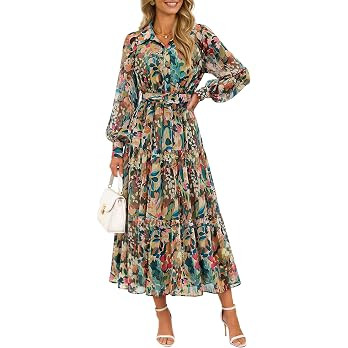 ZESICA Women's Long Sleeve Floral Casual Flowy Wedding Guest Maxi Dresses | High Waist A Line Lon... | Amazon (US)
