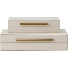 Set of 2 Beige Shagreen Decorative Storage Boxes with Gold Metal Handles – Faux Leather Jewelry... | Amazon (US)