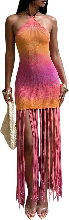 OYOANGLE Women's Ombre Knit Fringe Halter Dress Beaded Tie Back Beach Vacation Bodycon Tassel Dre... | Amazon (US)