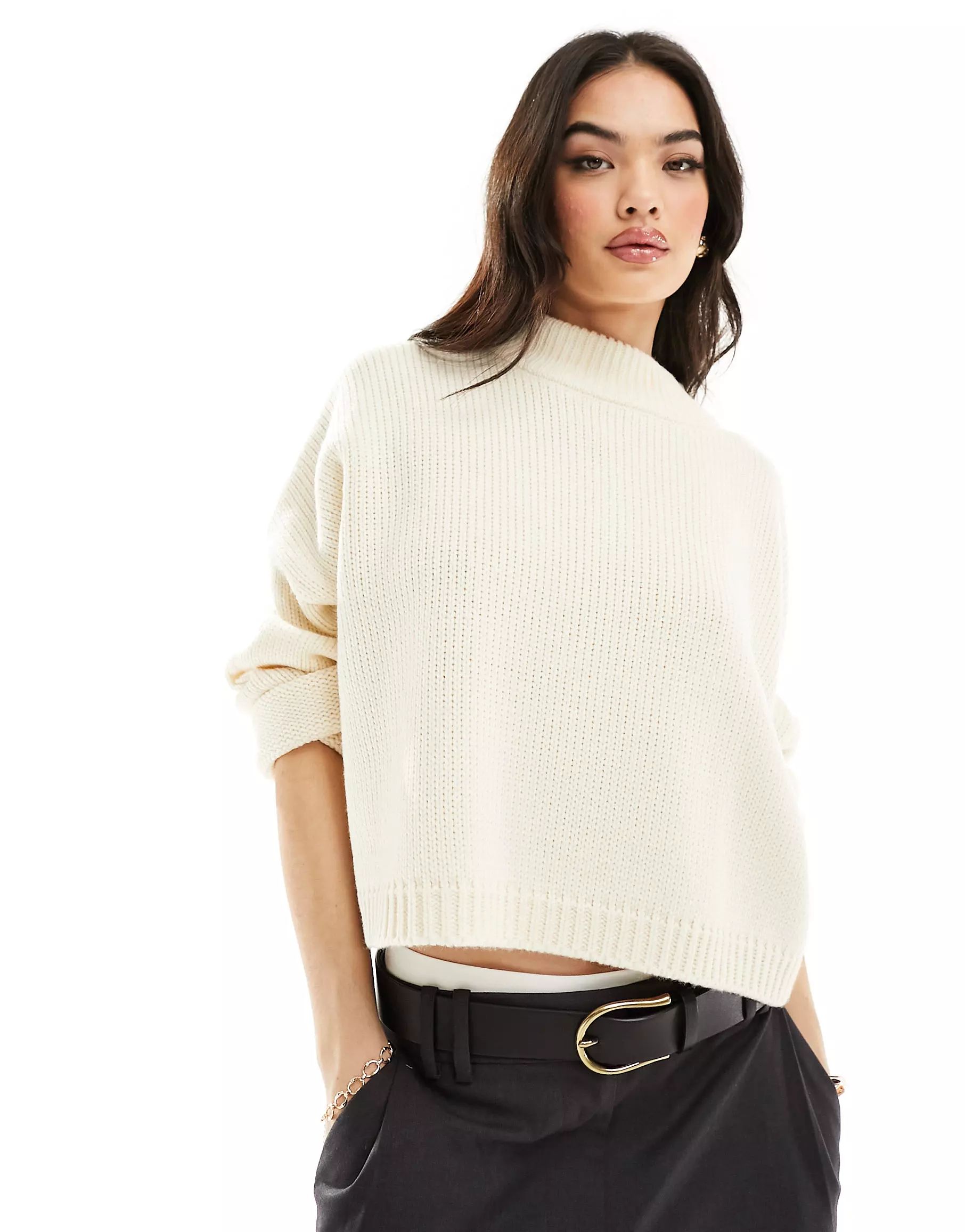 ASOS DESIGN crew neck cropped sweater in cream | ASOS (Global)