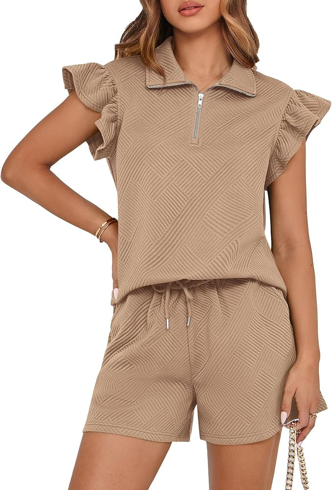BTFBM Women's 2 Piece Outfits Sweatsuit Zipper V Neck Casual Ruffle Short Sleeve Tops and Drawstr... | Amazon (US)