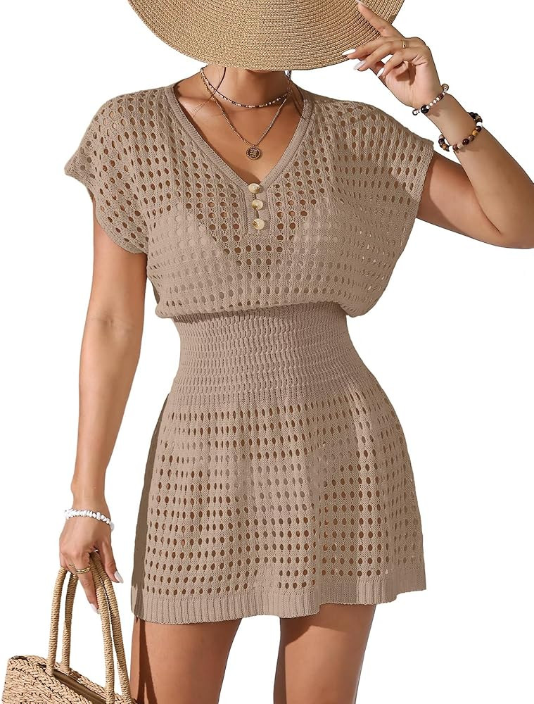 Womens Crochet Knit Cinched Waist Beach Coverup Dress Summer 2025 V Neck Button Cap Sleeve Bathin... | Amazon (US)